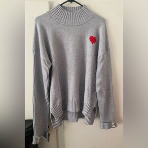 Gray Sweater with Red Heart Detail